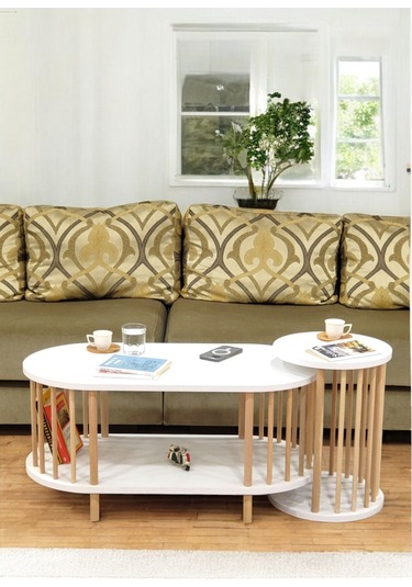 İkili Set Orta Sehpa Ahşap Ayaklı Sehpa İki Raflı Sehpa Dekoratif Sehpa Gazetelikli Beyaz - Beyaz