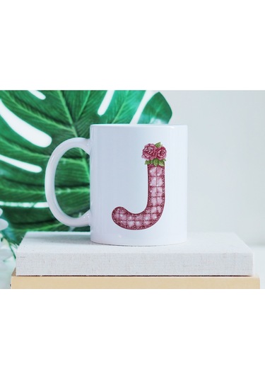 J Harfli Retro Çiçekli Kupa Bardak - Patchwork Tarz Yamalı Desenli İsme Özel Kupa - Hediye 07 Beyaz