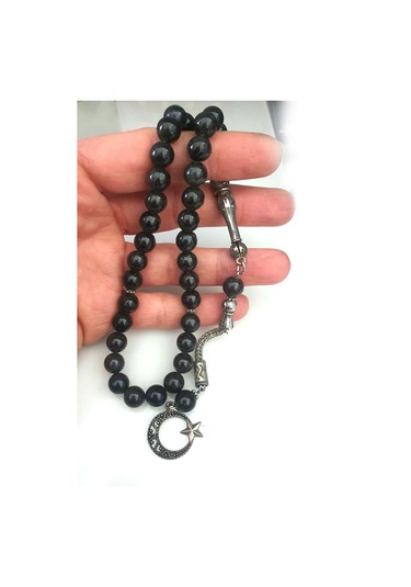 Siyah Obsidyen Taşlı Çelik Püsküllü Doğal Taş Tesbih