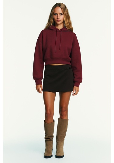 Üç İplik Kapüşonlu Crop Sweat Bordo