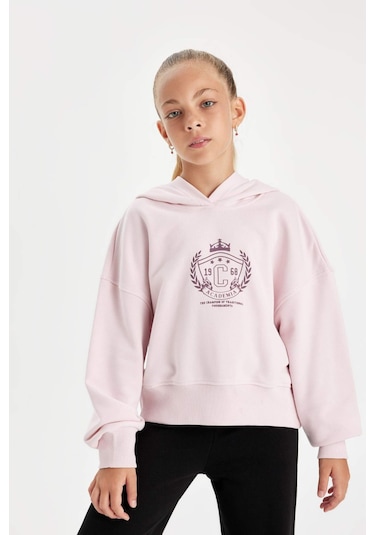 DeFacto Kız Çocuk Oversize Geniş Kalıp Kapüşonlu İşlemeli Kalın Sweatshirt D2885A824WNPN440