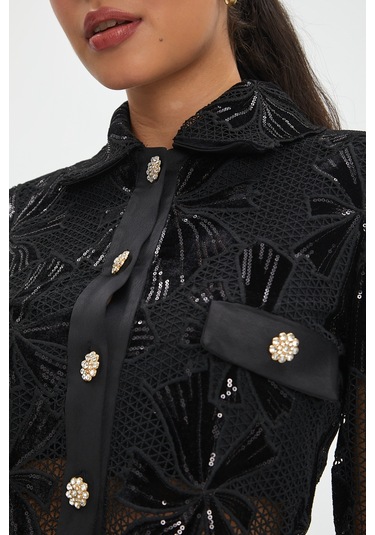 Kadın İkili Takım - Zarif Taşlı Düğme Detayı Özel Gün Ve Davetler İçin Şık Tasarım Siyah