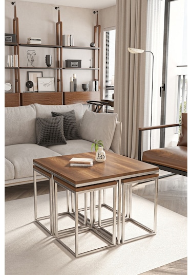 Lizbon 4+1 Kare Sehpa Takımı Gümüş Metal - Barok Tabla