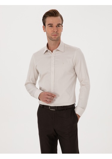 Cacharel Bej Slim Fit %100 Pamuk Klasik Gömlek