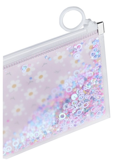 Simli Şeffaf Kalem Çantası - Papatya Desen