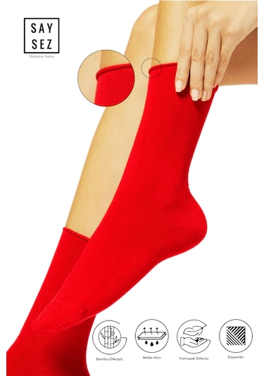 Bambu Kadın Lastiksiz Kırmızı Soket Dikişsiz Premium Çorap 3'lü Kırmızı