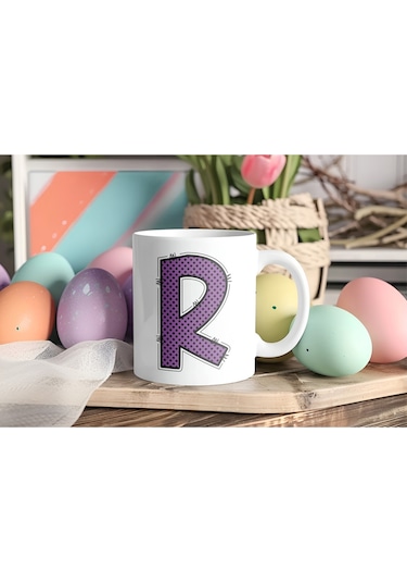 R Harfi Mor Puantiyeli Kupa Bardak - Polka Dot Tasarım Kahve Çay Bardak - Kişiye Özel Hediyelik Beyaz