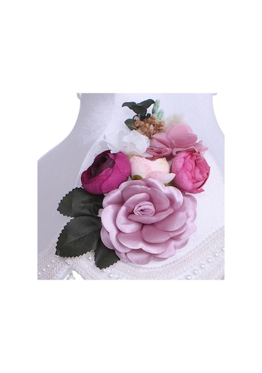 Kadife Kaplı Çiçekli Dekoratif Abajur Beyaz