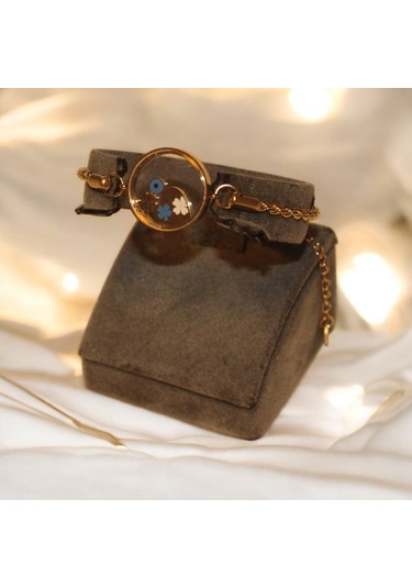 Çiçek Ve Kalpli Yonca Detaylı Çelik Bileklik 17 Cm Zincirli Kararmaz Gold Çiçek Bileklik Gold