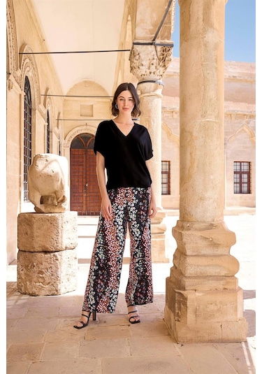 Monamise Kadın Çiçek Desenli Kısa Kollu Alt Üst Takım 23059-siyah Siyah