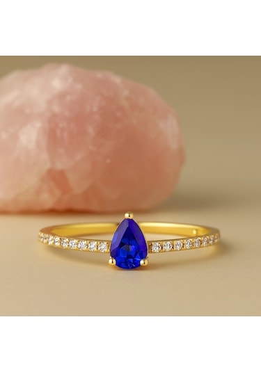 14 Ayar Altın Damla Kesim Safir Yüzük 14 Ayar Altın