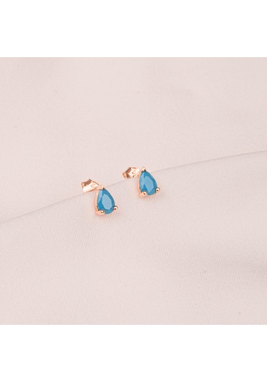 Altın Küpe - 14 Ayar Altın Damla Modelli Firuze Turkuaz Taşlı Küpe Sarı