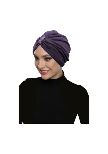 Dizayn Tüllü Kristal Taş İşlemeli Çift Taraflı Astarlı Mor Hazır Türban Tesettür Abiye Bone Mor