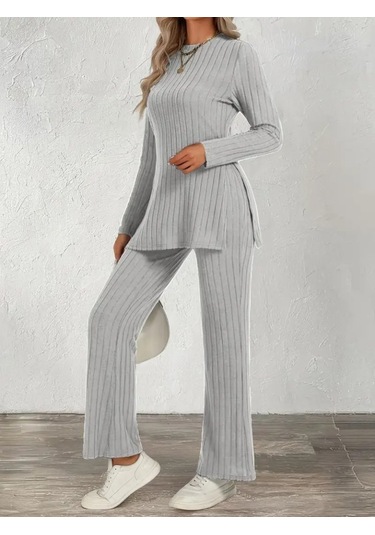 Evyora Kadın Uzun Kollu Bisiklet Yaka Yandan Yırtmaçlı Şardonlu Kaşkorse Bluz Ve Pantolon Ikili Takım Gri Evyora Kadın Uzun Kollu Bisiklet Yaka Yandan Yırtmaçlı Şardonlu Kaşkorse Bluz Ve Pantolon Ikili Takım Gri