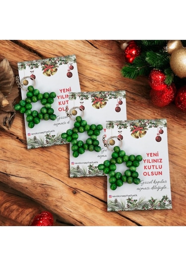 Yılbaşı-yeni Yıl Hediyesi Yeşil Ahşap Boncuk Yıldız Anahtarlık 5 Adet