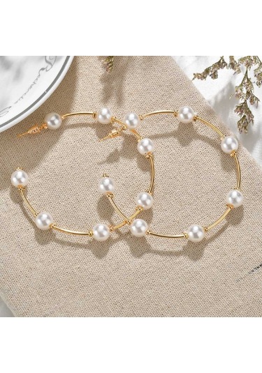 Gelin İnci Halka Küpe Vintage Büyük Yuvarlak Halka Küpe Düğün Gold