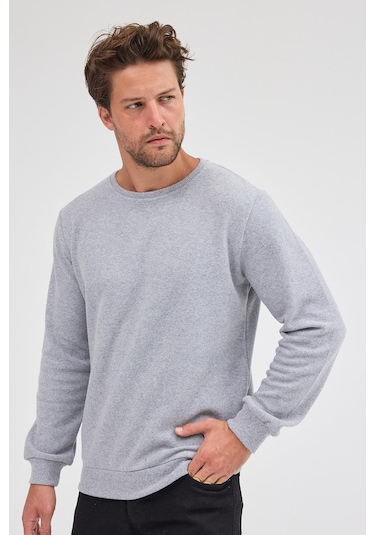 Comeor Erkek Gri Fit Normal Kesim Pamuklu Basic Bisiklet Yaka Sweatshirt Gri