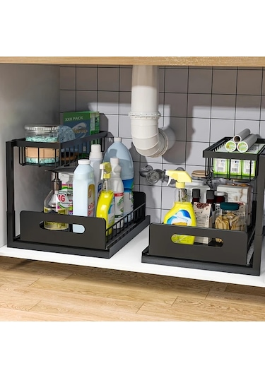 Honeybeeshop Lavabo Altı Düzenleyici Beyaz 1 Paket Kayar Çekmece Rafları Mutfak Banyo Kiler Dolabı Düzenleme Rafı Metal Sürgülü Çekmeceler Beyaz