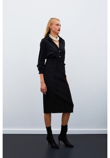 Sateen Midi Boy Tüvit Etek - Siyah-135026 Siyah