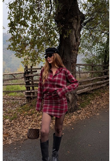 Kırmızı Ekose Gömlek Elbise - 4989 Kırmızı