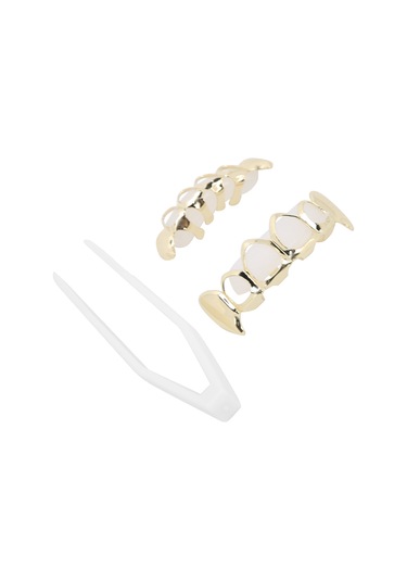 Lemestar Hip Hop Altın Diş Protezi: Delikli Tasarım, Mikro Zirkon Taşlı Zincirli, Üst/alt Dişlere Uygun, Kaliteli Pirinçten Yapım Gold