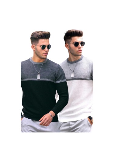 Siyah/beyaz Renk Bloklu Erkek 2'li Paket Kazak 4734 Siyah/beyaz