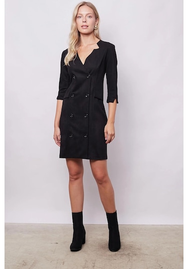 Kadın Kadife Likralı Yumuşak Dokulu Kruvaze Kapri Truvakar Kol Kolu Yırtmaçlı Ofis Ceket Elbise-siyah Siyah Kadın Kadife Likralı Yumuşak Dokulu Kruvaze Kapri Truvakar Kol Kolu Yırtmaçlı Ofis Ceket Elbise-siyah Siyah