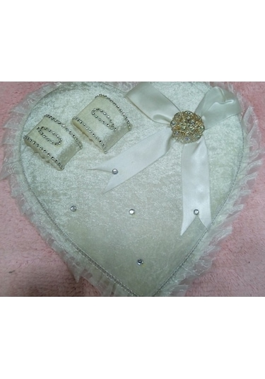 Söz Nişan Tepsisi Ahşap Kadife Kaplama Yüzüklük Kalp Beyaz/ Gümüş Gümüş