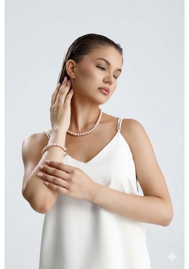 Pudra Pembe Doğal İnci Kolye Bileklik Set - Sarı