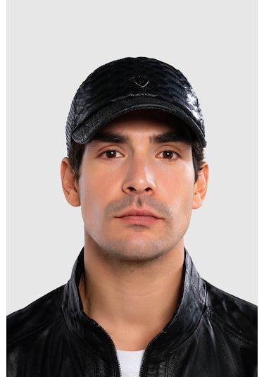 Tamer Tanca Erkek Hakiki Deri Siyah Yılan Baskı Şapka 524 Yln Sapka Sk20-21 Syh Yln Baskı Siyah