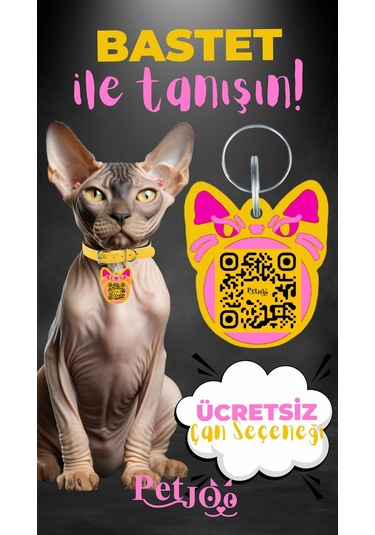 Petjoo 1.Bastet Pembe-Sarı Qr'lı Kedi Künyesi