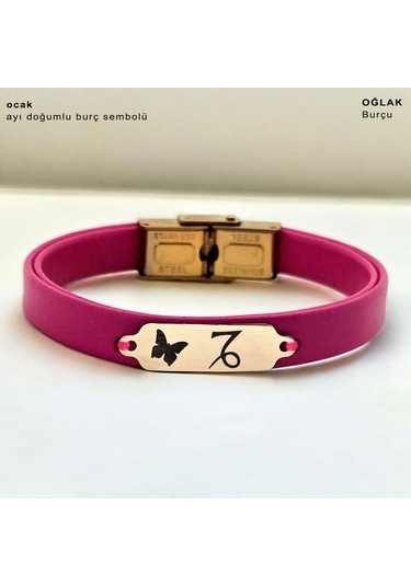 Archin Ocak Ayı Doğumlarına Kelebek Figürlü 14 Ayar Altın Plakalı Pembe Derili Hediye Bileklik-651ay Ocak