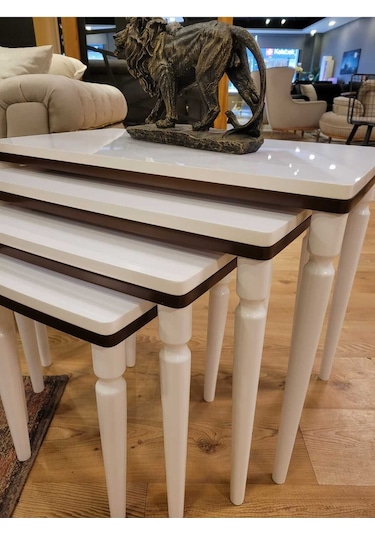 Akset 4lü Lüx Zigon Sehpa Beyaz Ceviz