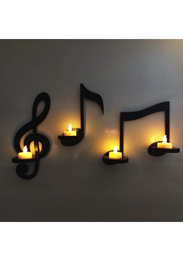 Cajuart Siyah Ahşap Notalar 3 Parça Led Mumlu Duvar Dekoru Dekoratif Tablo