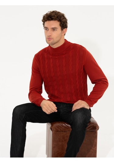 Cacharel Kiremit Slim Fit Yarım Balıkçı Triko Kazak Kırmızı