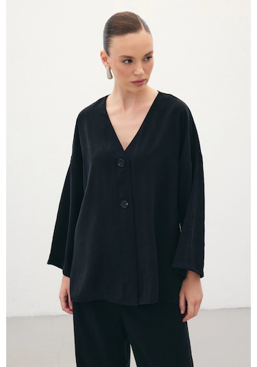 Sateen Düğmeli Kimono - Siyah Siyah