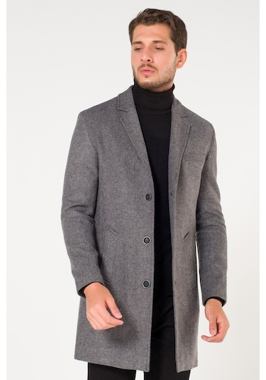 V Yaka Kışlık Kırçıllı Gri Erkek Kaşe Kaban-Koyu Gri