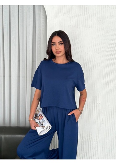 Osy Modal Yumuşak Dokulu Kumaş Bisiklet Yaka T-shirt Bol Paça Pantalon Ikili Takım -saks Mavi Saks Mavi