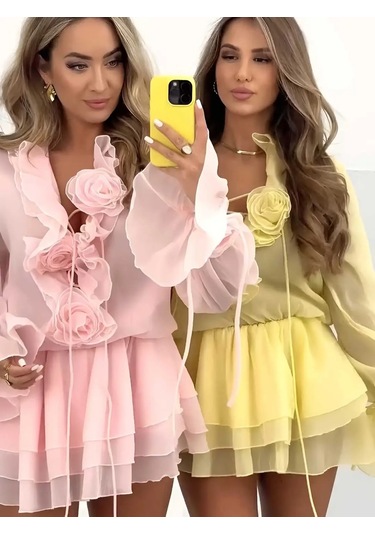 Havens Lia Şifon Gül Detay Elbise Pembe