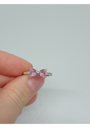 925 Ayar Gümüş Pembe Taşlı Fiyonk Figürlü Yüzük Sevimli Ve Zarif Tasarım Gümüş