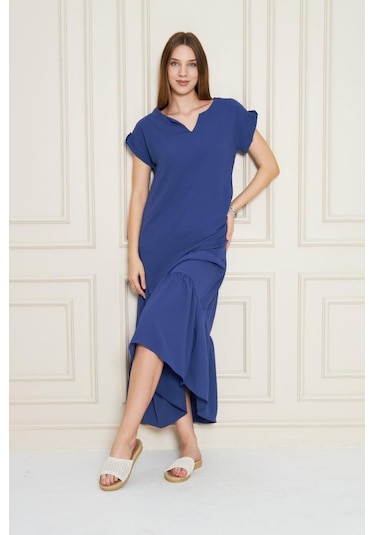 Kadın Uzun Eteği Fırfırlı Kısa Kol Apolet Detaylı Salaş Günlük Rahat Elbise 3761366 İndigo