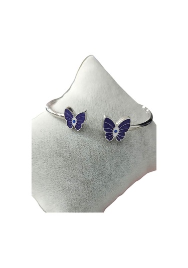 Çelik Mor Kelebek Detaylı Gümüş Renkli Kararmaz Kadın Bilezik Bileklik Çelik
