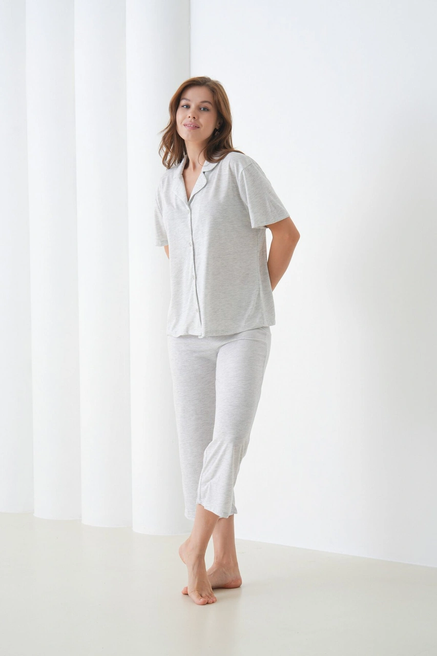 Kadın Pamuk Gömlek Kapri Şık Casual Curve Alt Üst Gecelik Takımı Antrasit