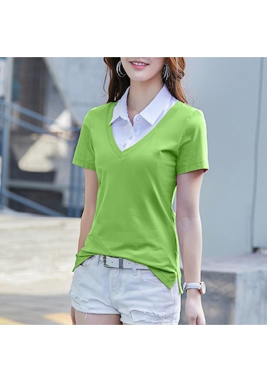 Yeşil Pamuk Yaz Yeni Kısa Kollu Kadın Gömlek Kadın Sahte Iki Kadın Ince Turn Down Yaka Gömlek Za Tops Yeşil