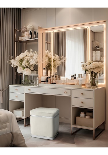 Zengo Silver Twin Line Kare Puf -beyaz Kumaş, Dekoratif Makyaj Masası Pufu-modern Style