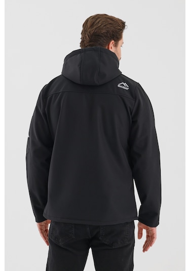 Çıkartılabilen Fermuarlı Kapüşon Cepli İçi Polarlı Su Geçirmez Softshell Erkek Mont Siyah Siyah