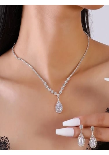 Gümüş Kaplama Zirkon Taşlı Kolye Ve Küpe Düğün Seti Gümüş