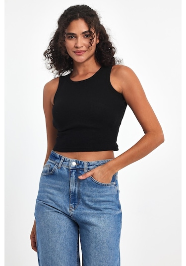 Mmetalic Fitilli Siyah Crop Halter Yaka Sıfır Kol Pamuklu 3'lü Kadın Atlet