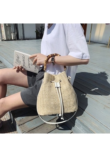 Wondernest Hasır Çanta Omuz Messenger Çanta Bambu Kova Çanta Beyaz 88991 Modelli Beyaz Ve Pratik Beyaz