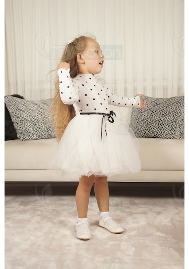 Puantiyeli Kız Çocuk Özel Günler İçin Tüllü Elbise Beyaz